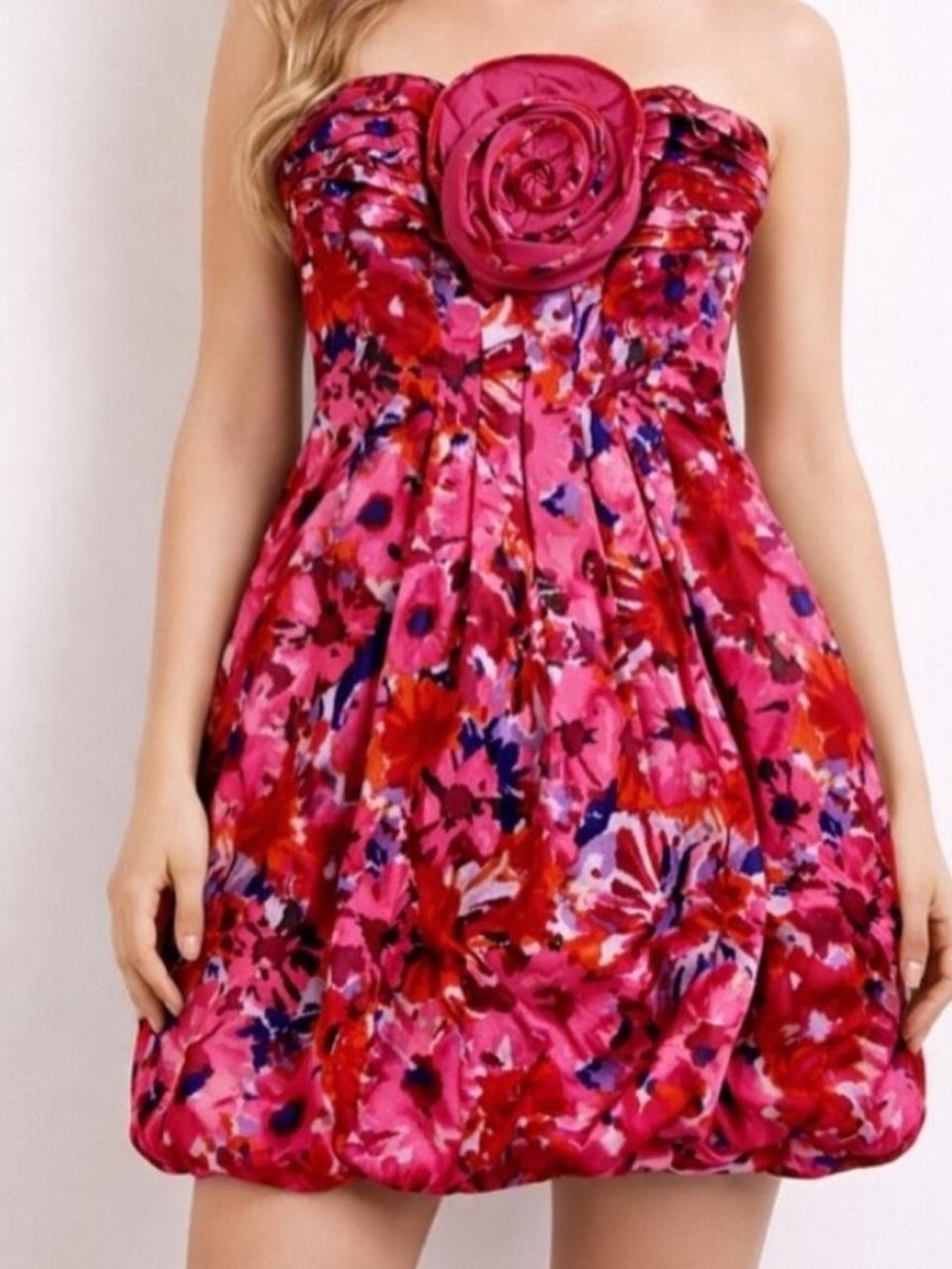 BCBGMaxAzria Hot Pink Floral Strapless Party Dress with Rosette